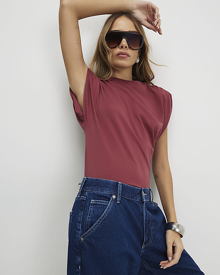 Red Short Sleeve Ruched Shoulder T-shirt