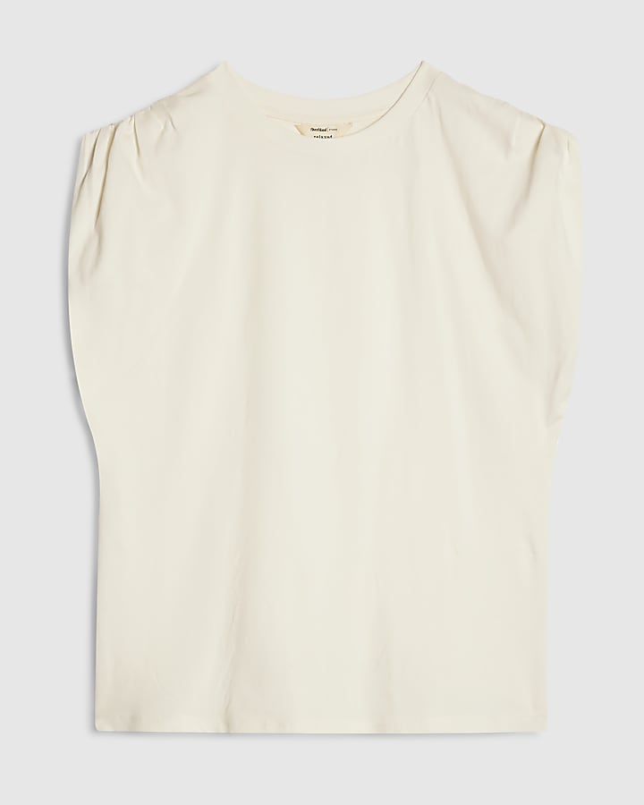 Cream Premium Ruched Shoulder T-shirt