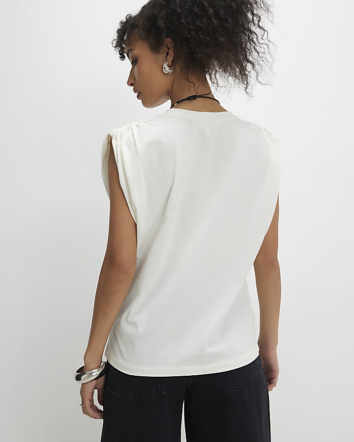 Cream Short Sleeve Ruched Shoulder T-shirt