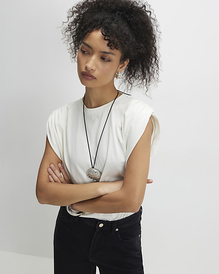 Cream Short Sleeve Ruched Shoulder T-shirt