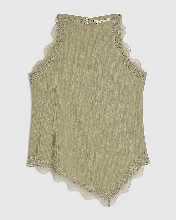 Green Lace Trim Textured Halter Neck Top