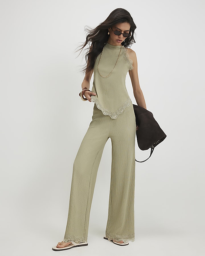 Green Lace Trim Textured Halter Neck Top