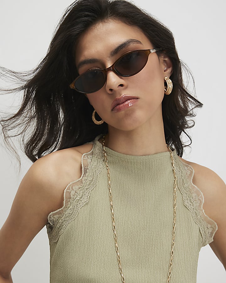 Green Lace Trim Textured Halter Neck Top