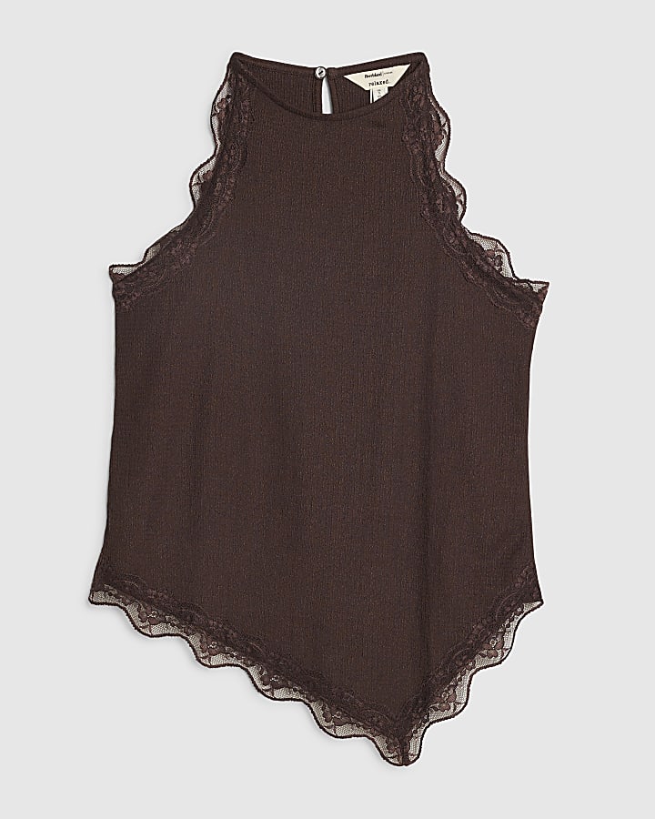 Brown Lace Trim Textured Halter Neck Top