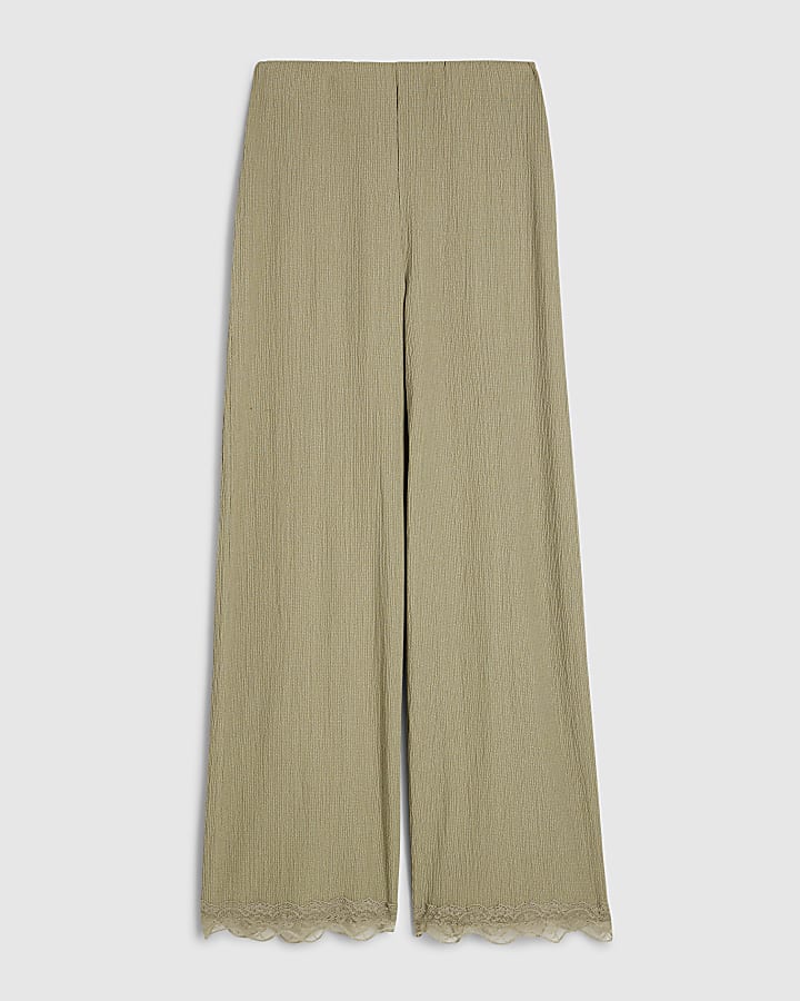 Green Lace Trim Textured Wide Leg Trousers