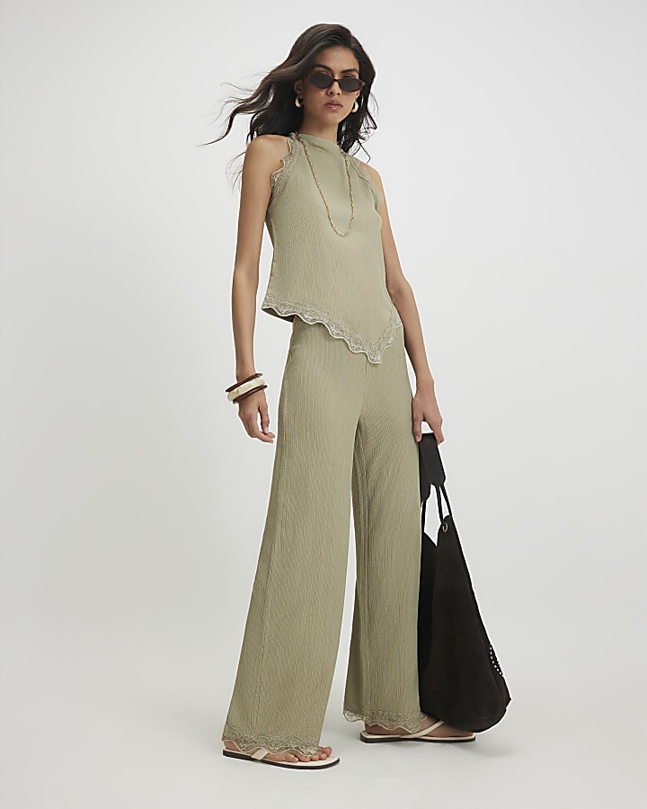 Green Lace Trim Textured Wide Leg Trousers