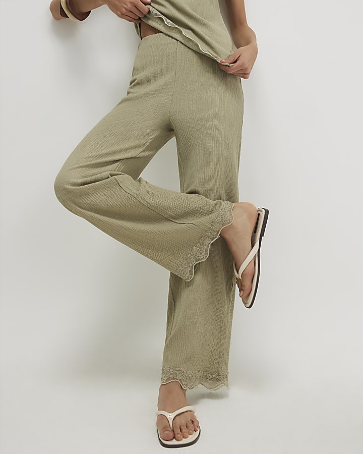 Green Lace Trim Textured Wide Leg Trousers