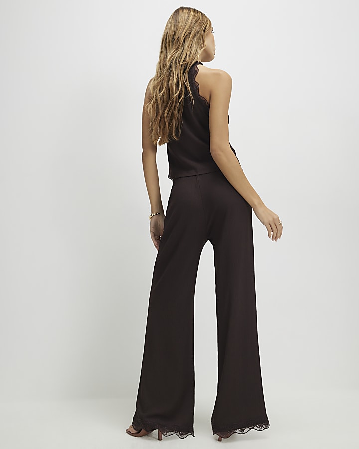 Brown Lace Trim Textured Wide Leg Trousers