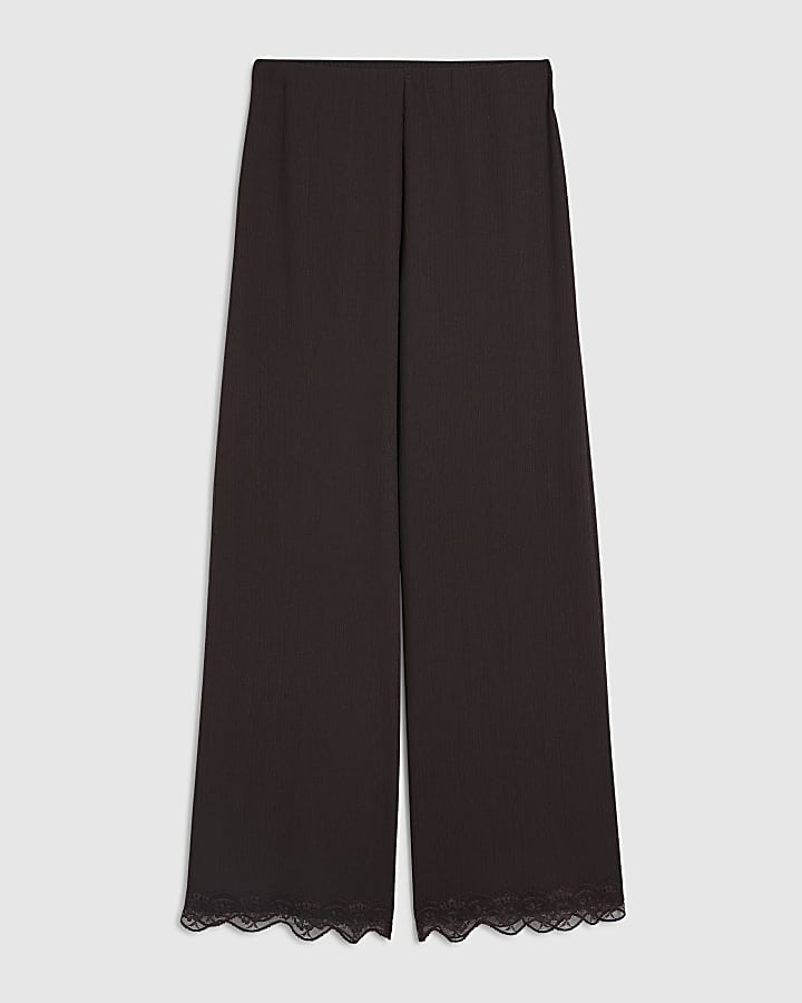Brown Lace Trim Textured Wide Leg Trousers