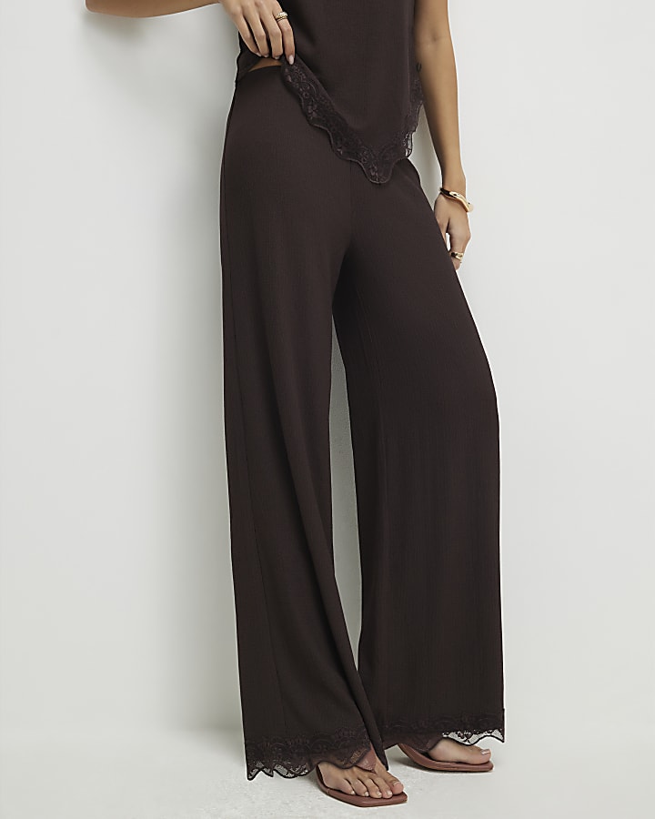 Brown Lace Trim Textured Wide Leg Trousers
