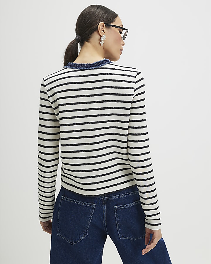 White Long Sleeve Striped Denim Mix Cardigan