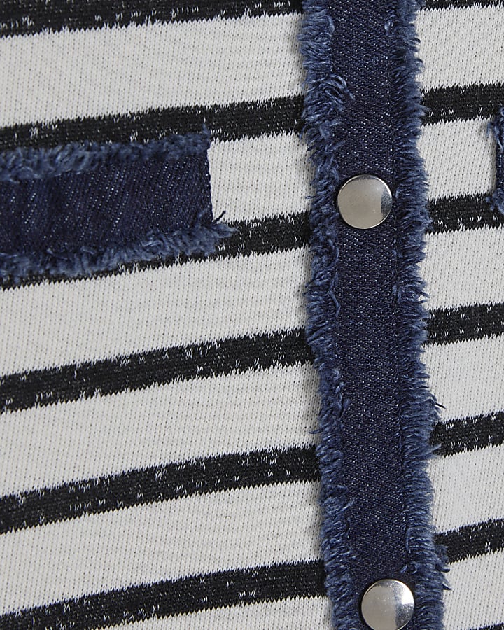 White Long Sleeve Striped Denim Mix Cardigan