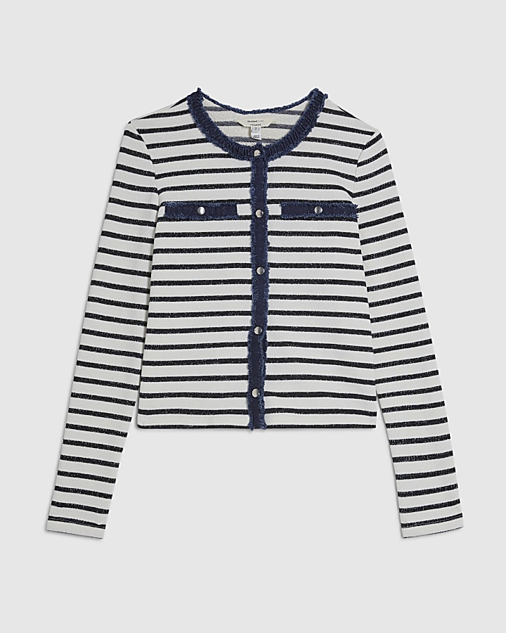 White Long Sleeve Striped Denim Mix Cardigan