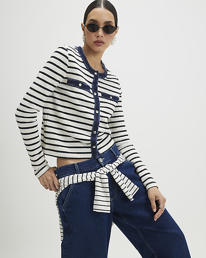 White Long Sleeve Striped Denim Mix Cardigan