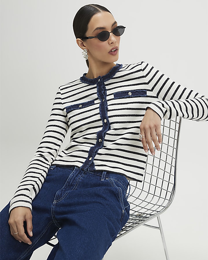 White Long Sleeve Striped Denim Mix Cardigan