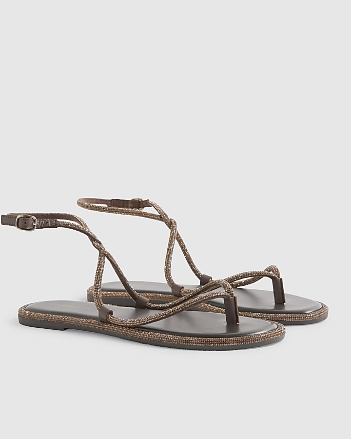 Brown Embellished Twist Mule Sandals