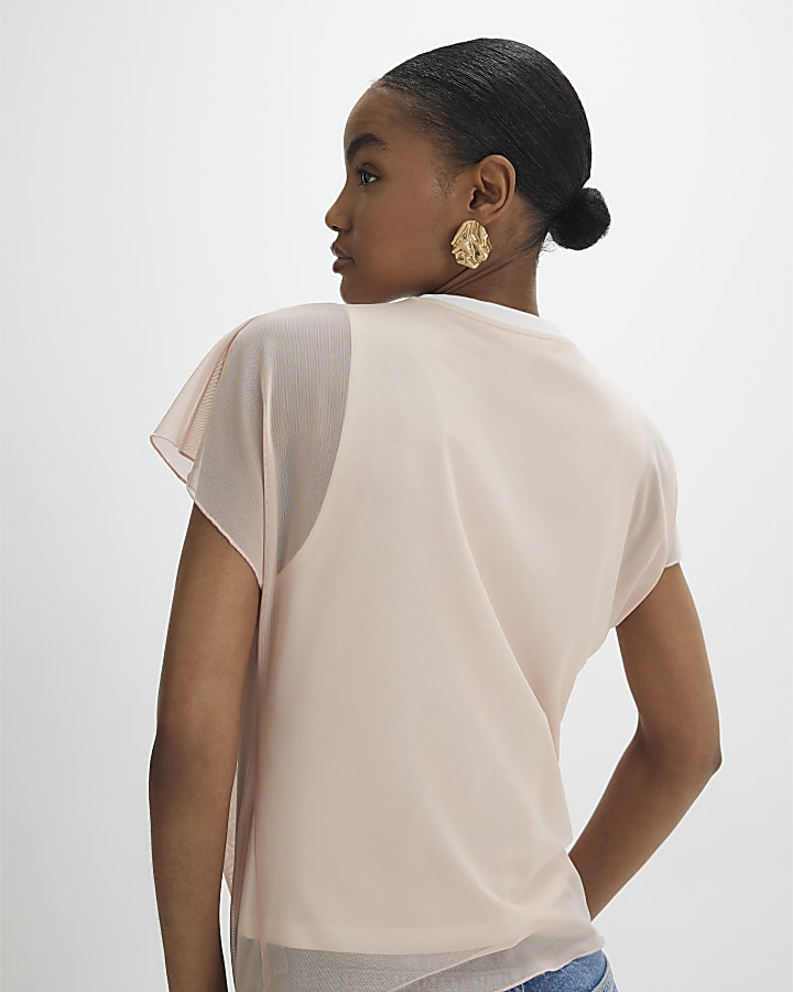 Pink Mesh Twisted Drape Top