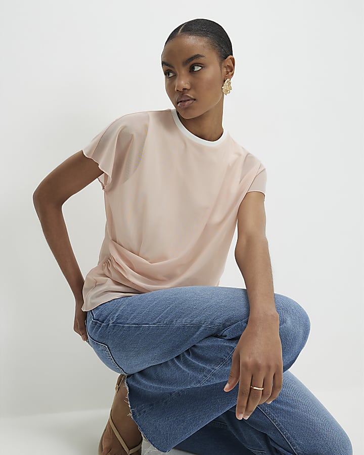 Pink Mesh Twisted Drape Top