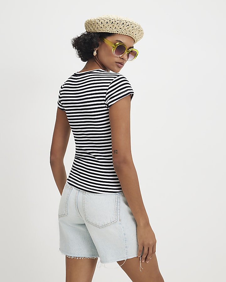 Navy Cotton Blend Striped Beaded Palm T-shirt