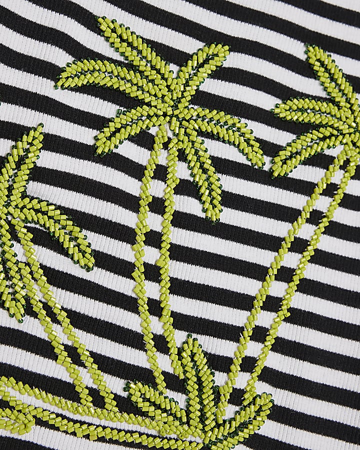 Navy Cotton Blend Striped Beaded Palm T-shirt