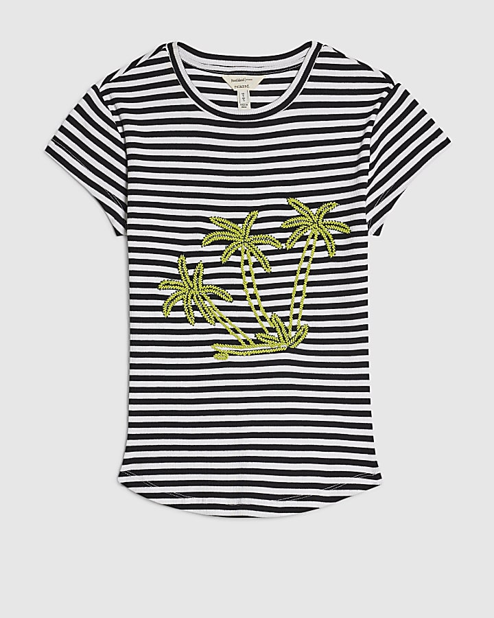 Navy Cotton Blend Striped Beaded Palm T-shirt