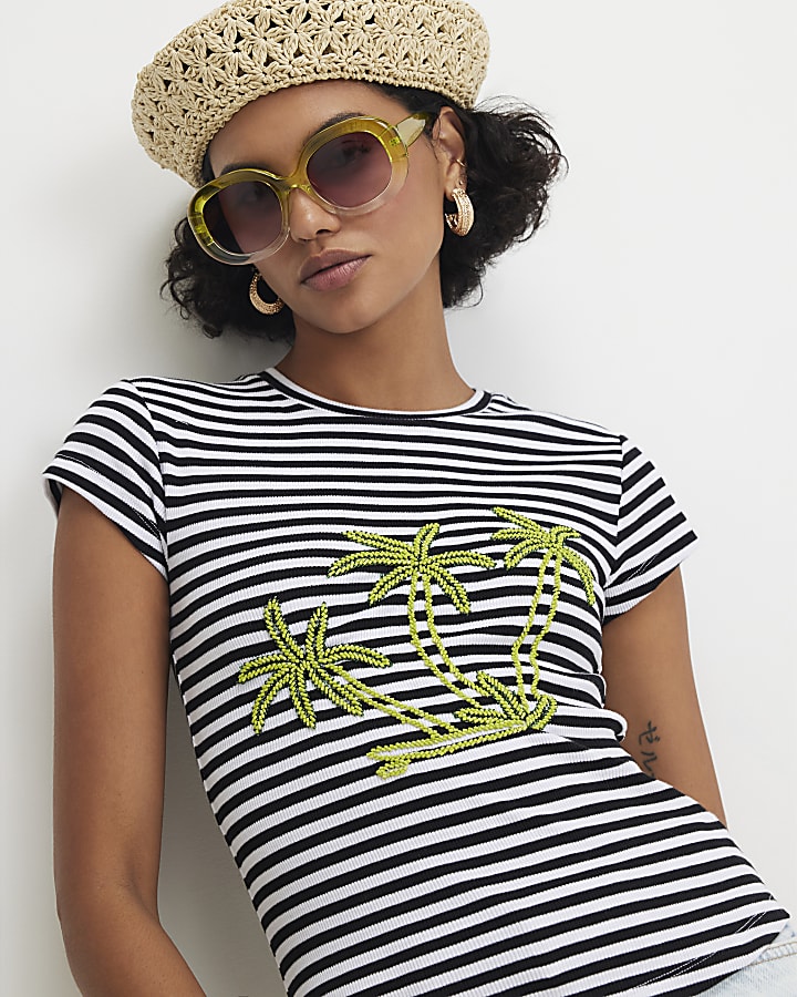 Navy Cotton Blend Striped Beaded Palm T-shirt