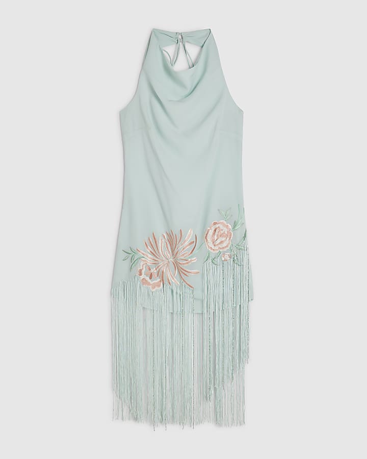 Blue Halter Embroidered Tassel Mini Dress