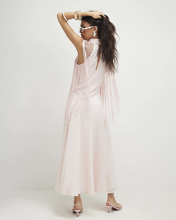 Pink Halter Embroidered Tassel Midi Dress