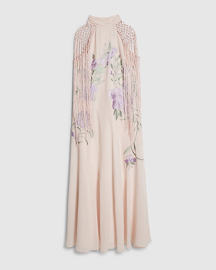 Pink Halter Embroidered Tassel Midi Dress
