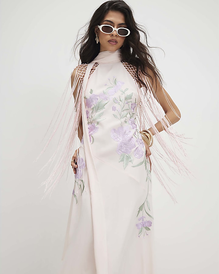 Pink Halter Embroidered Tassel Midi Dress