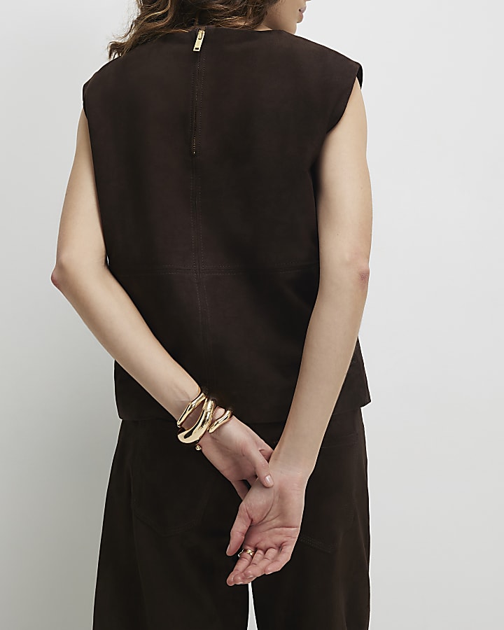 Brown Suede Slash Neck Top