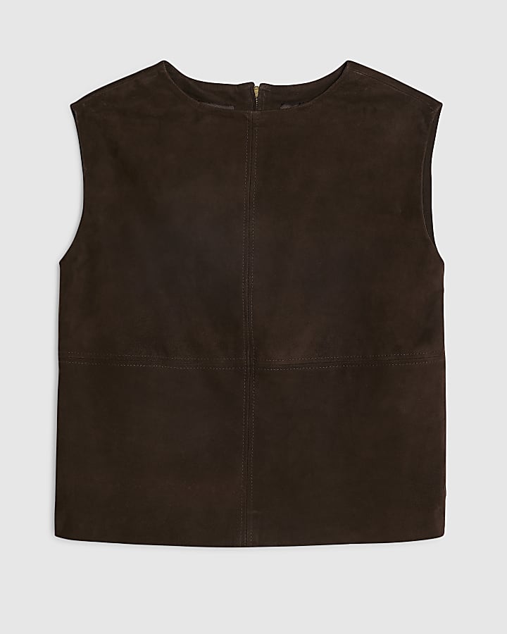 Brown Suede Slash Neck Top