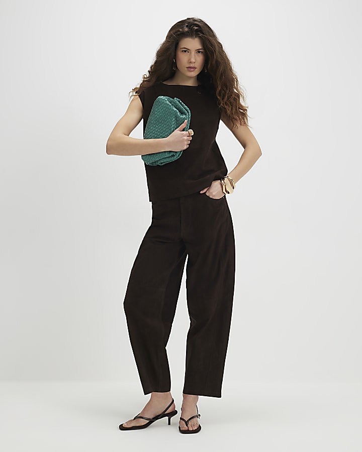 Brown Suede Slash Neck Top