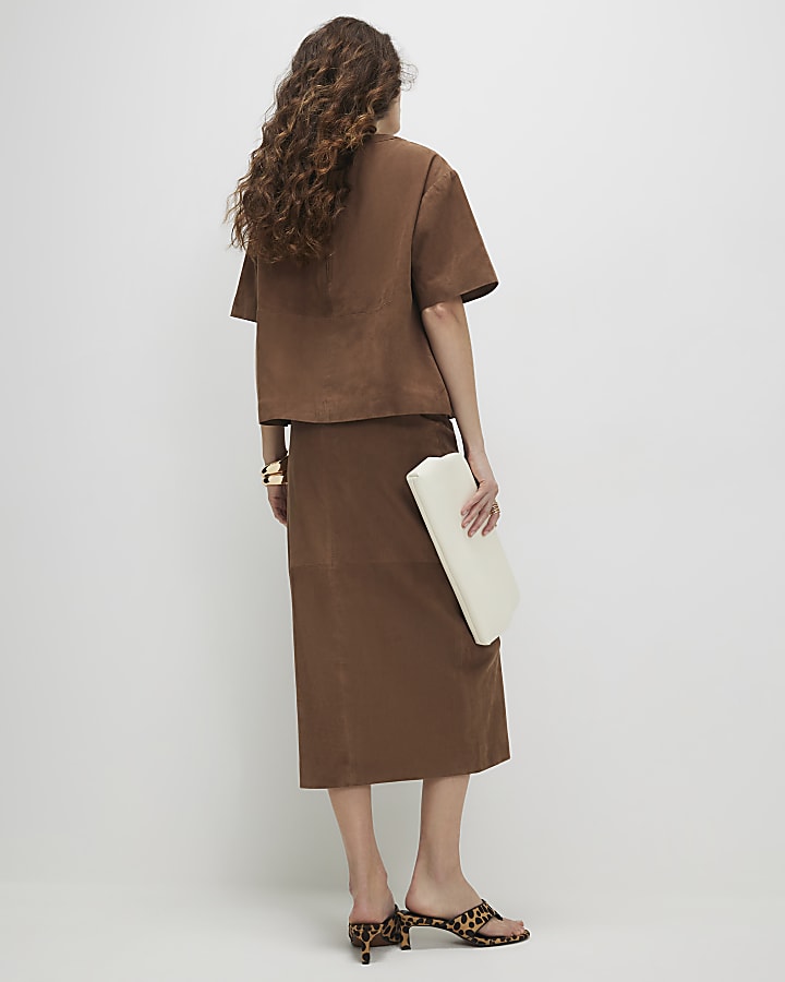 Brown Suede Midi Wrap Skirt