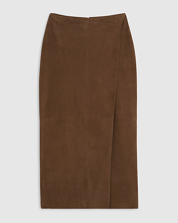 Brown Suede Midi Wrap Skirt