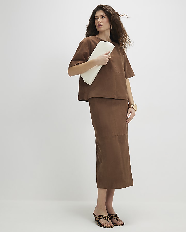 Brown Suede Midi Wrap Skirt