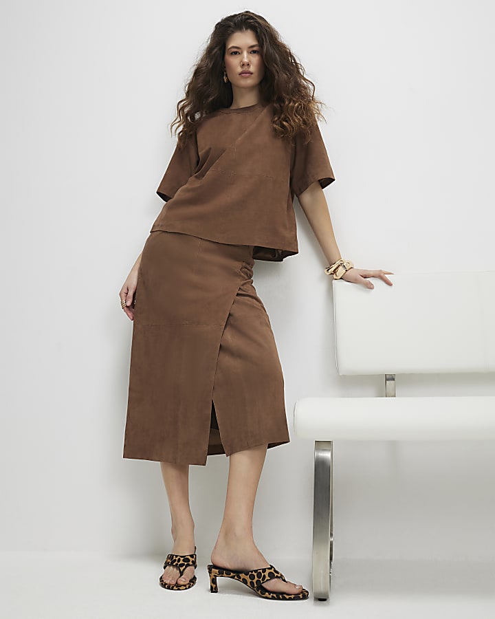 Brown Suede Midi Wrap Skirt