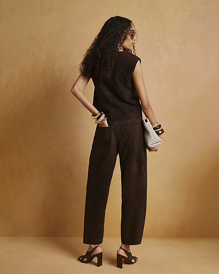 Brown Suede Barrel Leg Trousers