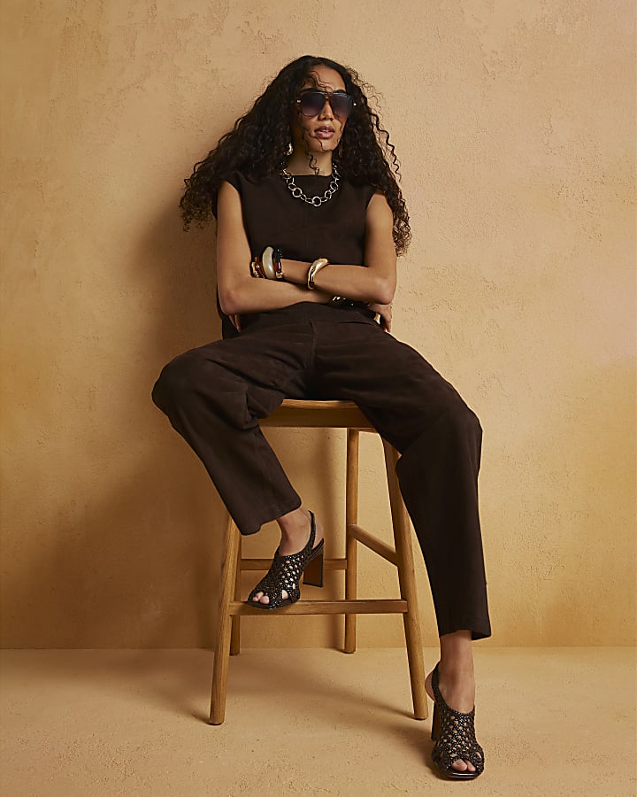 Brown Suede Barrel Leg Trousers