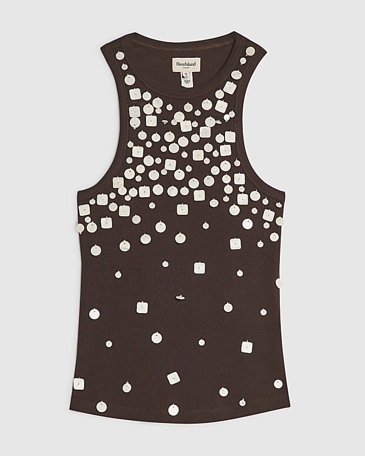 Brown Cotton Blend Shell Rib Tank Top