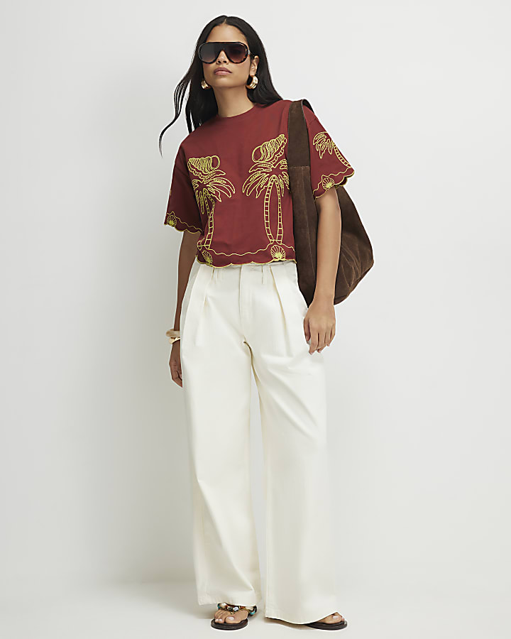 Red Shell Embroidered Crop T-shirt