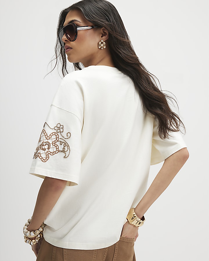 Cream Floral Embroidered Beaded T-Shirt