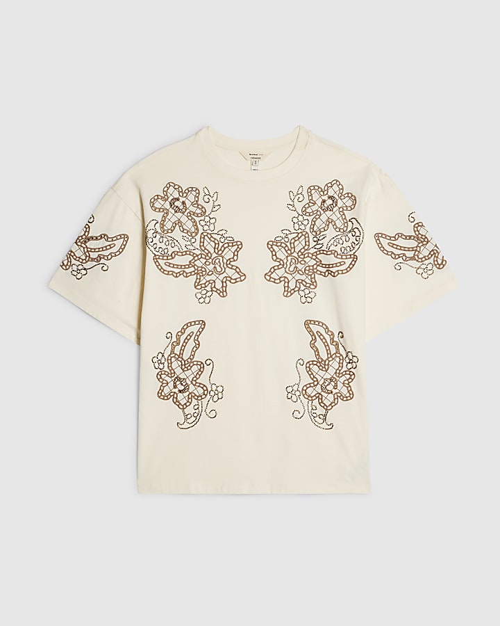Cream Floral Embroidered Beaded T-Shirt
