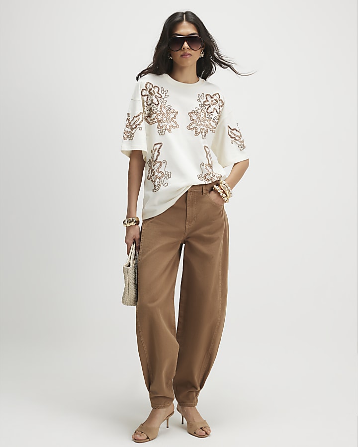 Cream Floral Embroidered Beaded T-Shirt