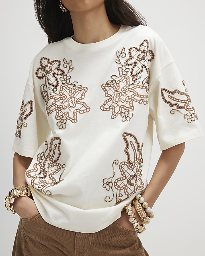 Cream Floral Embroidered Beaded T-Shirt