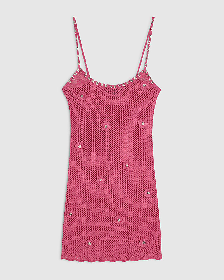 Pink Sequin Flower Knit Mini Dress