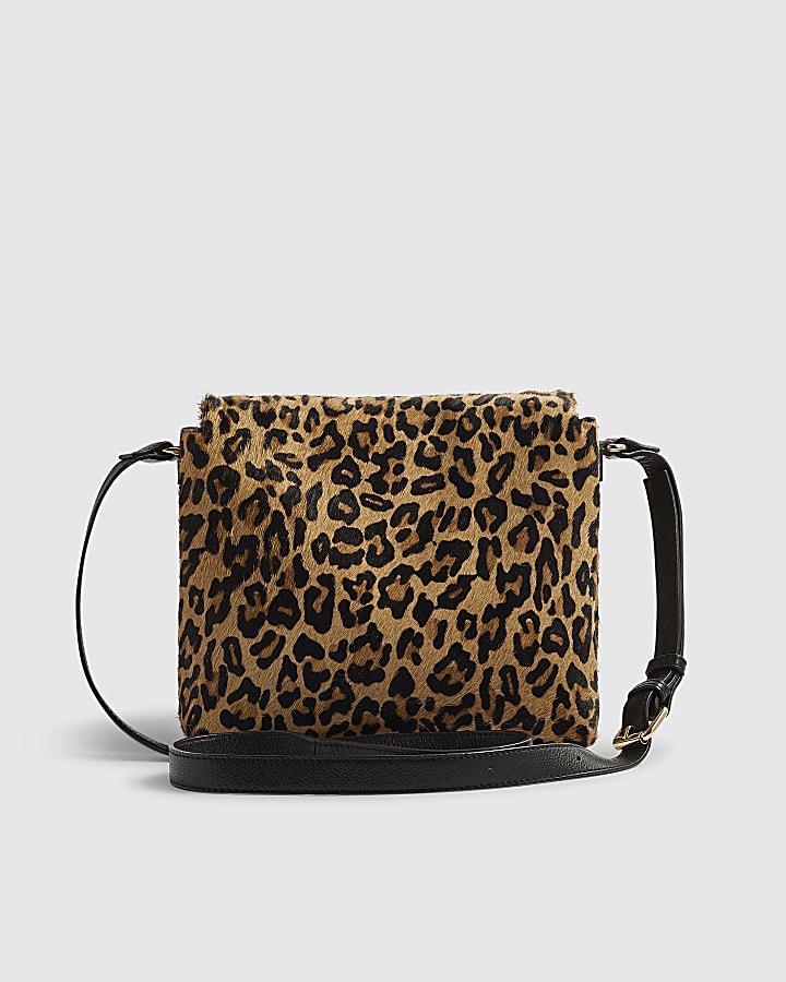 Brown Leather Leopard Print Cross Body Bag