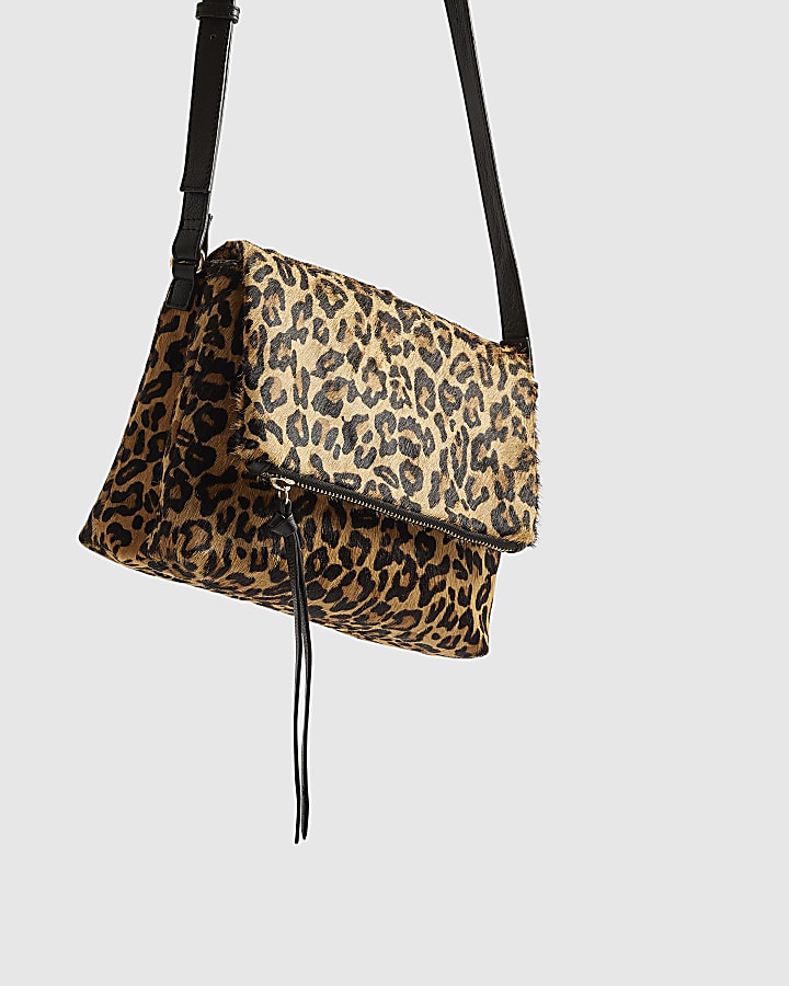 Brown Leather Leopard Print Cross Body Bag