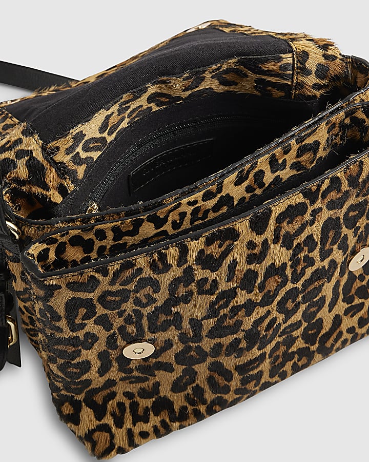 Brown Leather Leopard Print Cross Body Bag