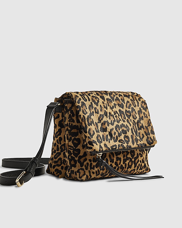 Brown Leather Leopard Print Cross Body Bag